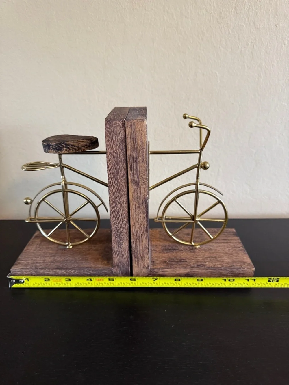 Vintage inspired Gold Metal Bicycle Bookends with Rustic Wood Base - Pair